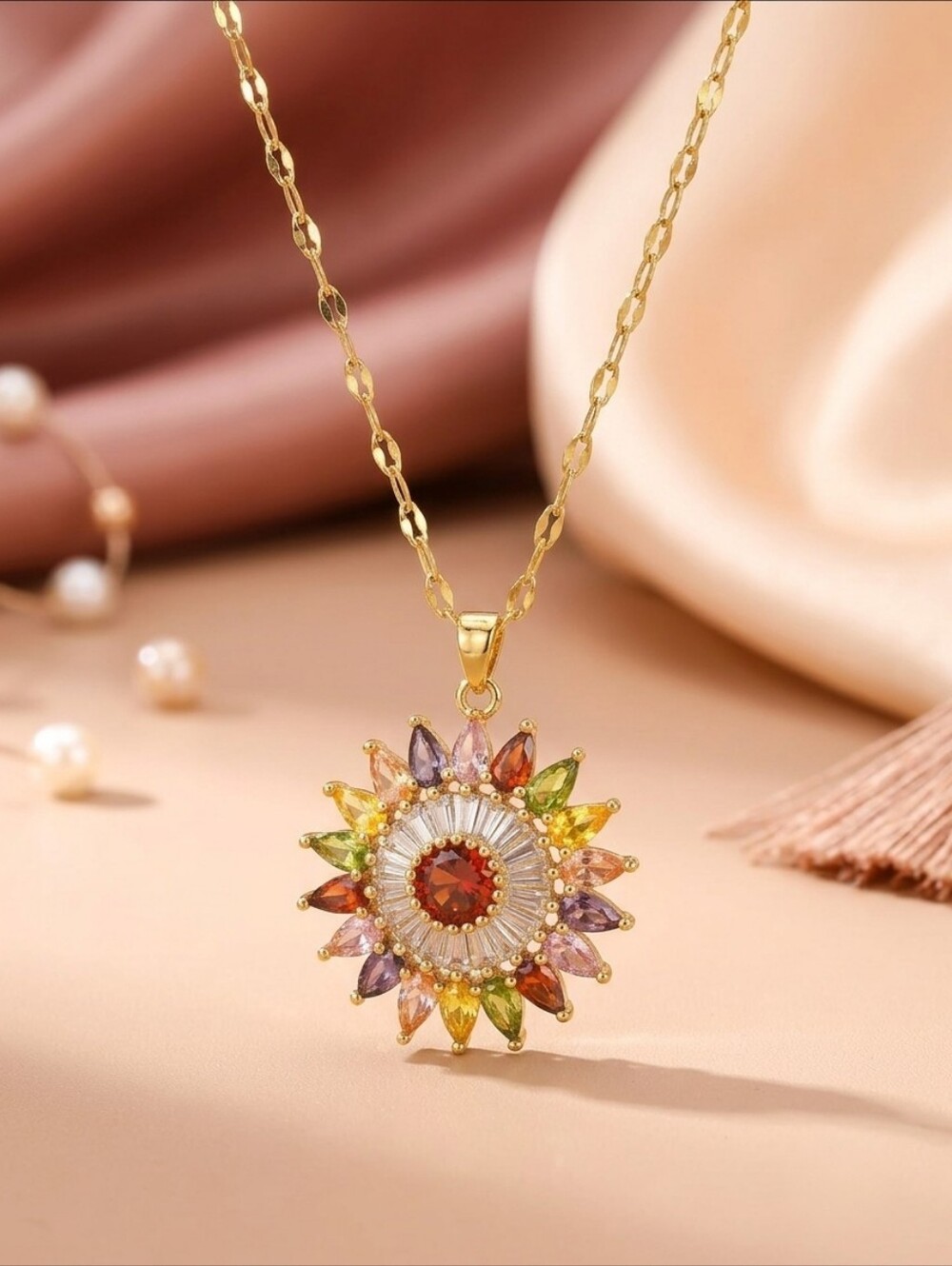 Gold Multicolor Crystal Sunflower Pendant Necklace